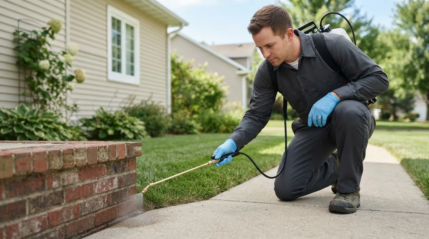 Pest control technician treating a home near Wakeman, OH