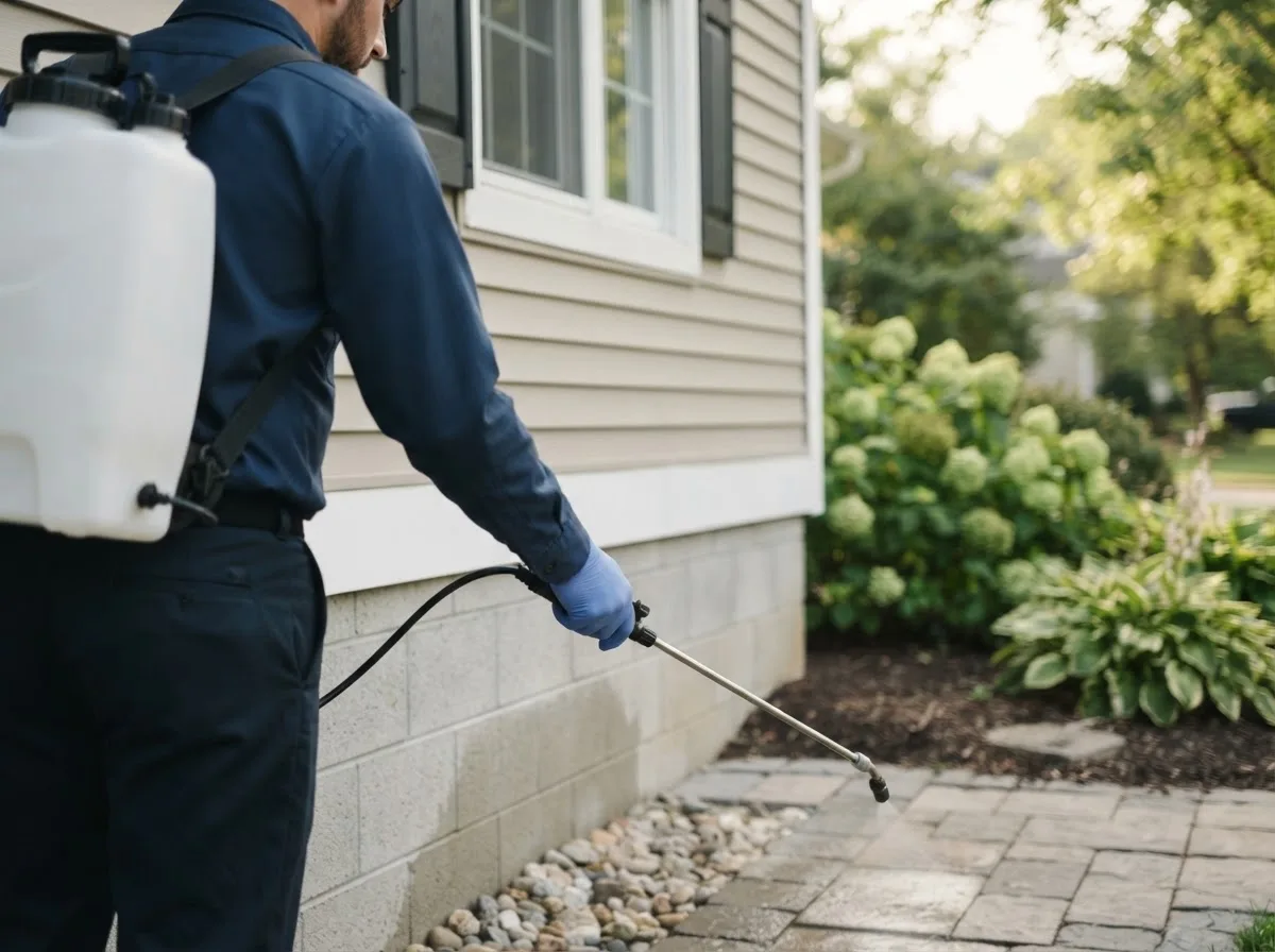 Pest control technician inspecting a home in Wakeman, OH